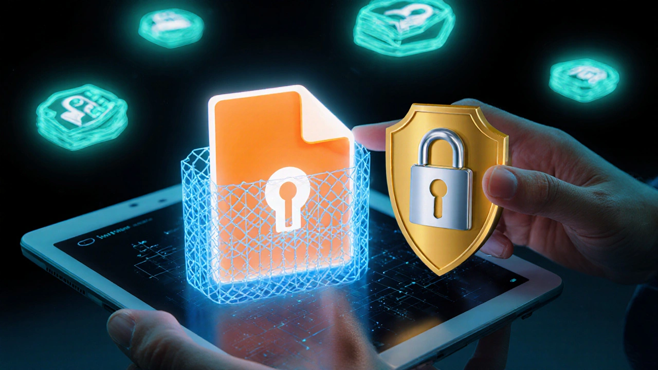 Smart‑Contract‑Tablet verschlüsselt Daten, die in einem Hybrid‑Verschlüsselungsprozess gesichert werden.