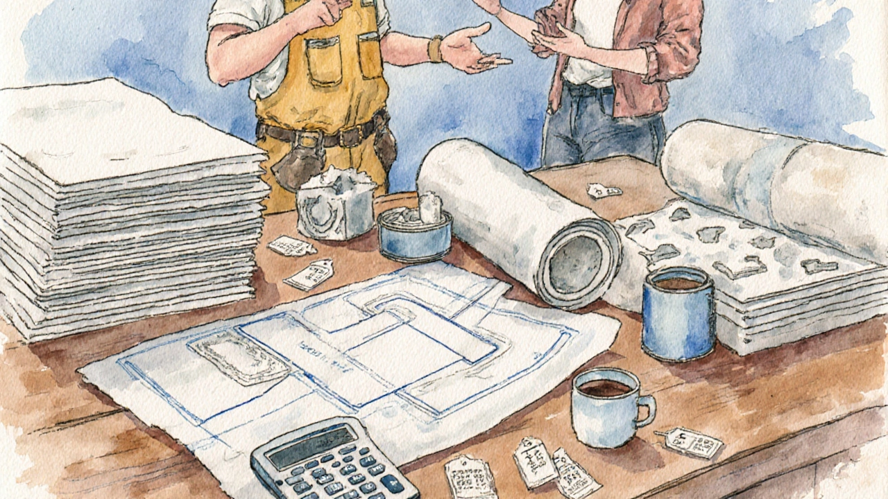Arbeitsfläche mit Gipskarton, Stuckformen, Dämmung, Blaupause und Preisrechner, Handwerker und Eigentümer im Gespräch.