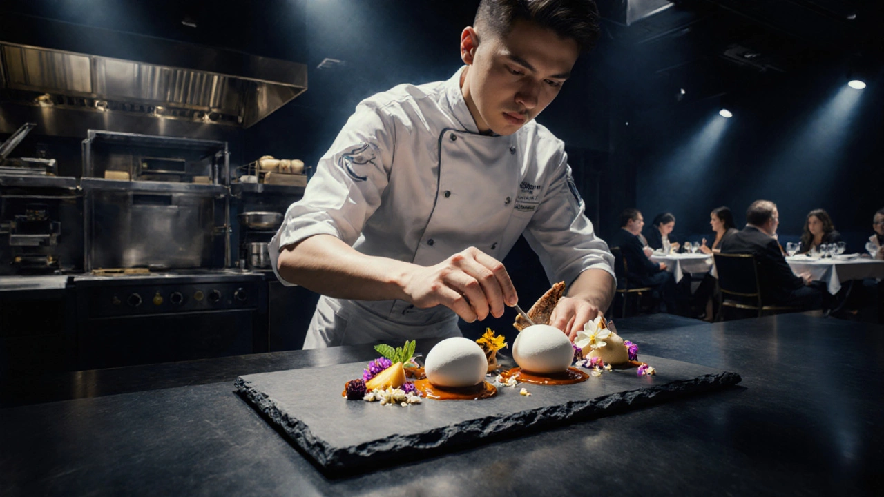 Chef präsentiert dekonstruierte Nachtisch‑Komposition aus Mousse, Karamell und Früchten im Restaurant.