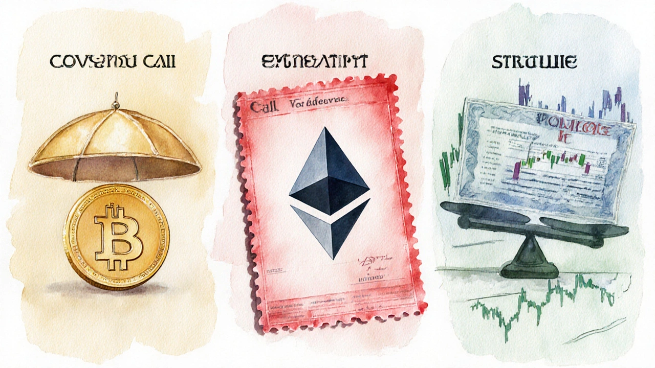 Collage der Strategien Covered Call, Protective Put und Straddle mit Bitcoin‑/Ethereum‑Symbolen und Optionstickets.
