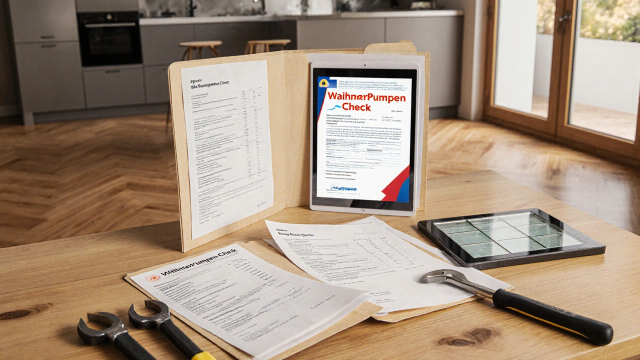 Dokumentation einer energetischen Sanierung: Energieausweise, Rechnungen und Gutachten auf einem Holztisch, beleuchtet von warmem Licht.