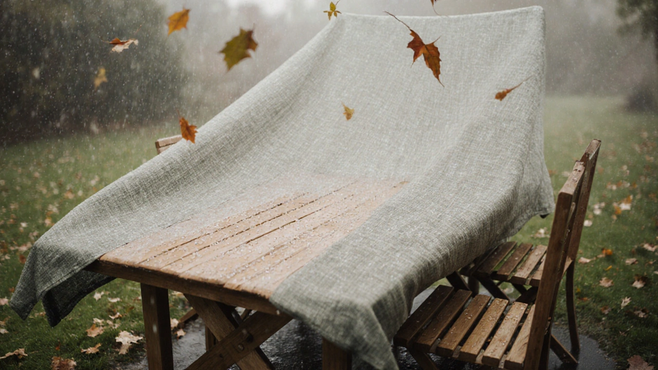 Douglasie-Gartenmöbel mit atmungsaktiver Plane bei Herbstregen, trocken und geschützt.