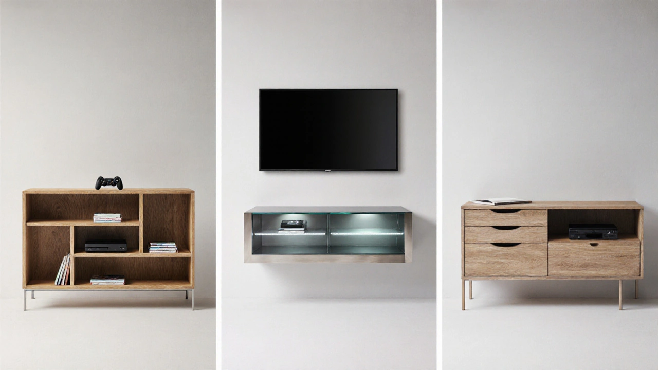 Drei TV‑Unterschrank‑Varianten: freistehende Holzkonssole, Wandmontage aus Metall‑Glas, kombinierter Schrank mit Schreibtisch.