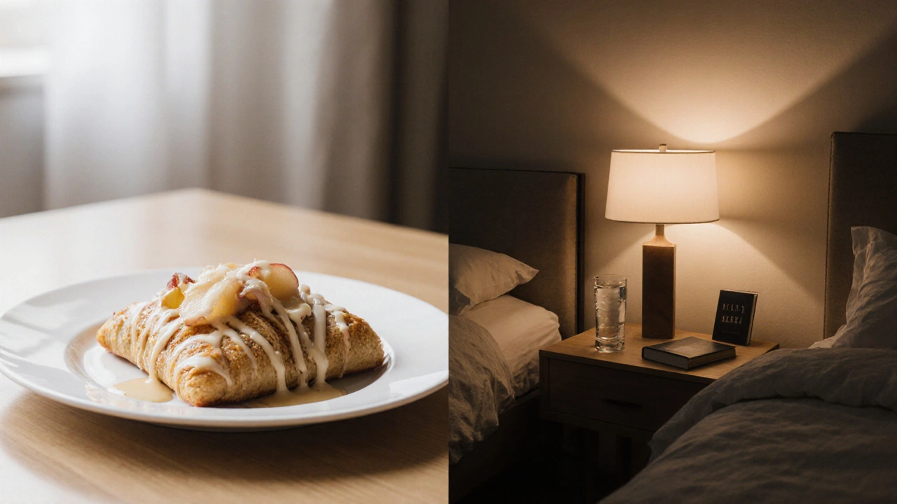 Eleganter Apfelstrudel auf einem Teller neben einem Nachttisch mit Lampe, geteiltes Bild.