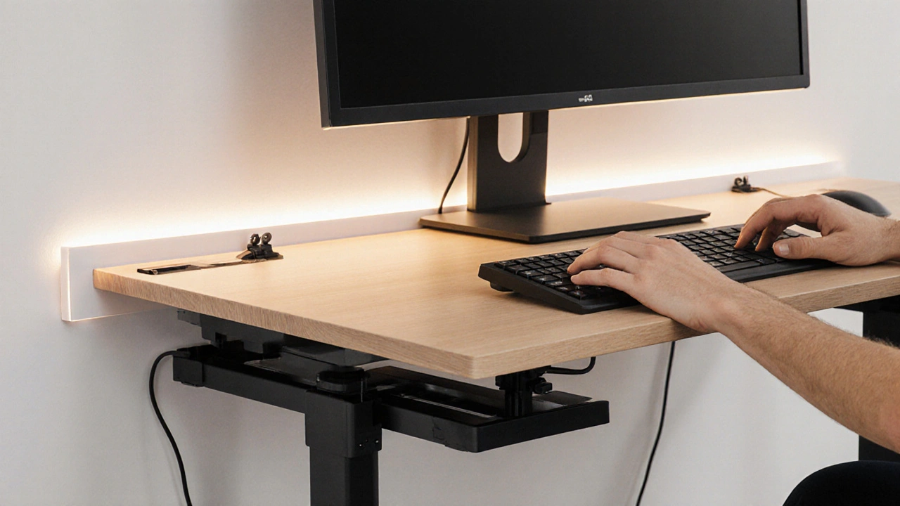 Ergonomischer Wand‑Schreibtisch mit Monitor, LED‑Beleuchtung und versteckten Kabeln