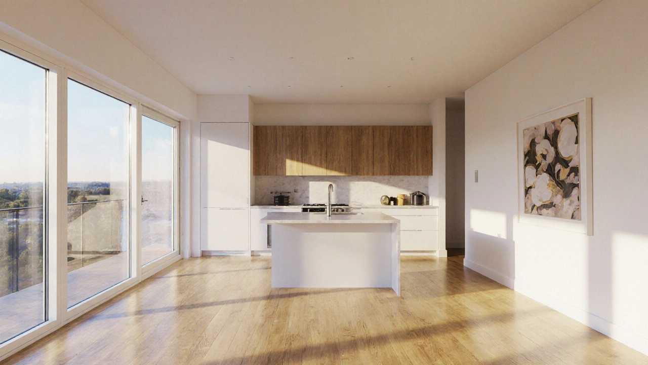 Fertig renovierte Wohnung mit großen Fenstern, Holzfußboden und moderner Küche.