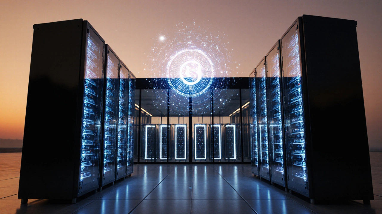 Fotorealistische Darstellung von Mining‑Rigs und Staking‑Servern bei Dämmerlicht, die neue Coins erzeugen.