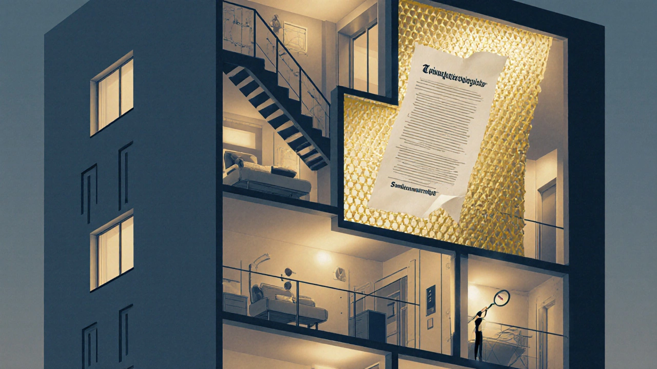 Geschnittener Apartmentbau mit gekennzeichneten privaten und gemeinschaftlichen Bereichen, begleitet von einem Dokument mit Teilungserklärung.