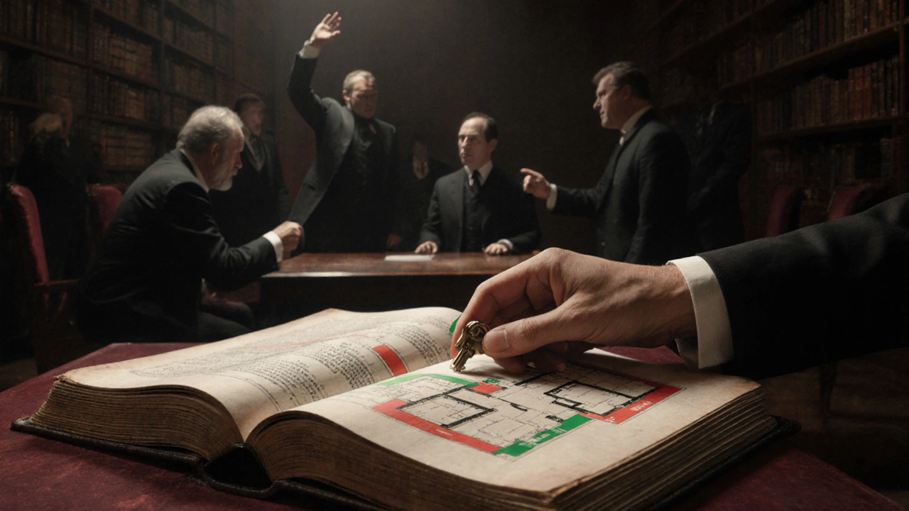 Hand legt Schlüssel in ein altes Buch mit Grundriss und Gemeinschaftsabstimmung im Hintergrund.