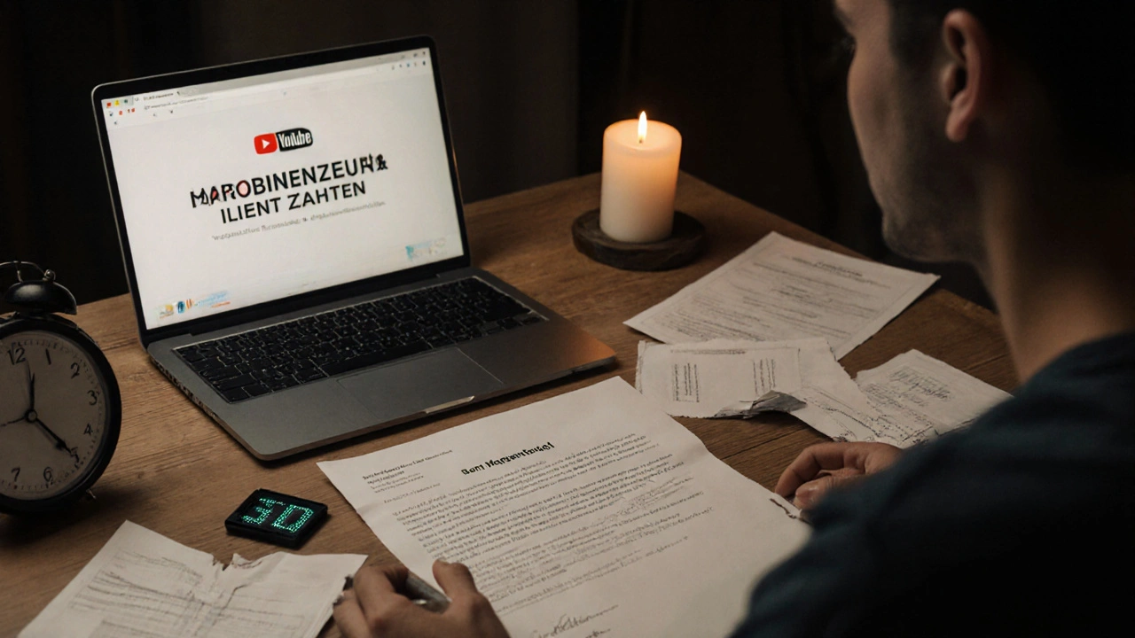Hausbesitzer allein am Tisch mit Papieren, fehlgeschlagener Finanzierung und YouTube-Tutorial.