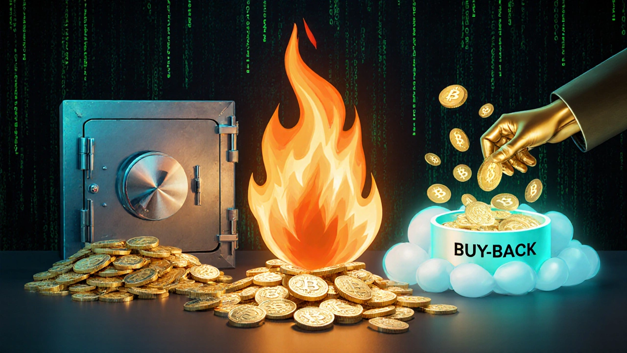 Illustration von Token‑Burns, gesperrten Tokens und Buy‑Back‑Hand, die Deflationsmechanismen zeigen.