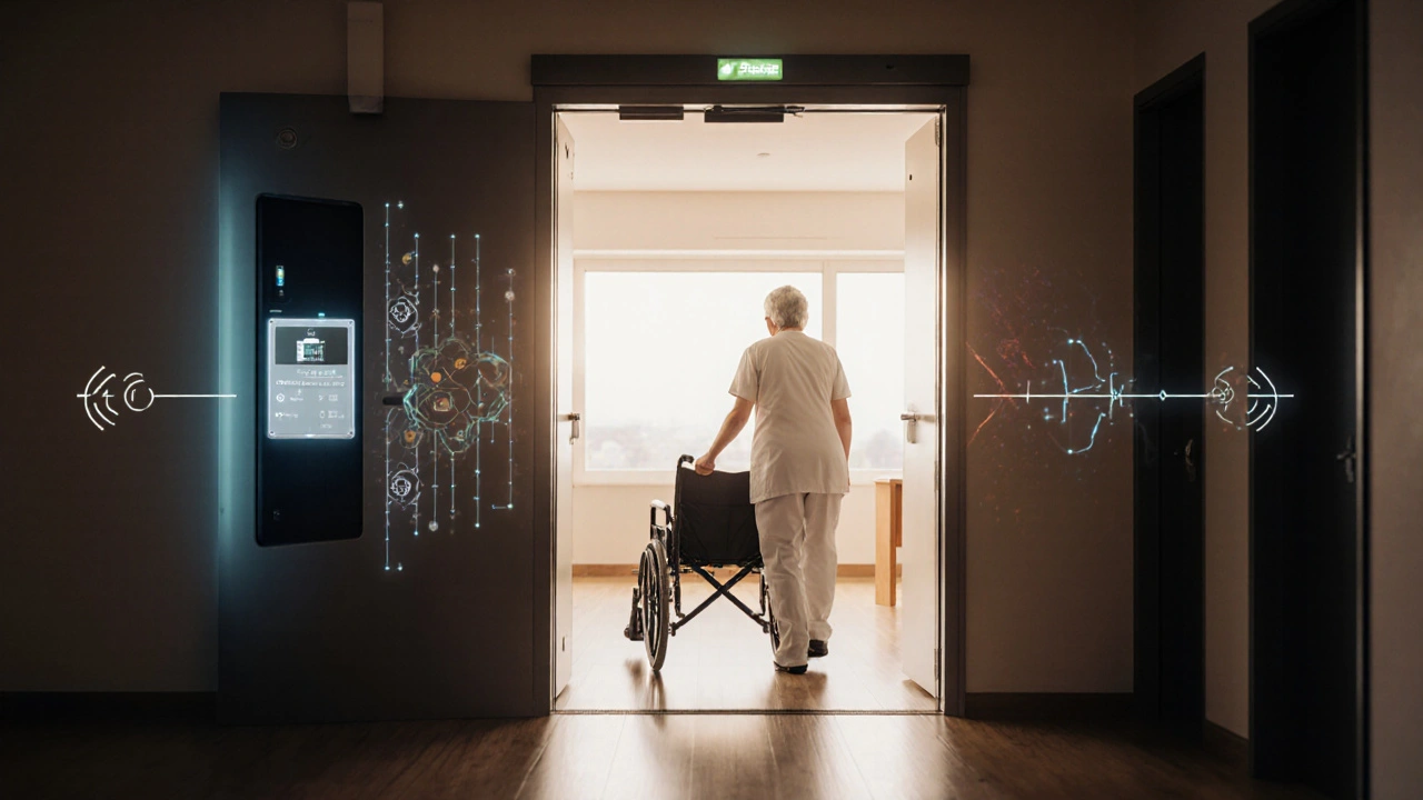 Intelligente Tür mit IoT-Verbindung in Seniorenheim, synchronisiert mit Raumtemperatur.