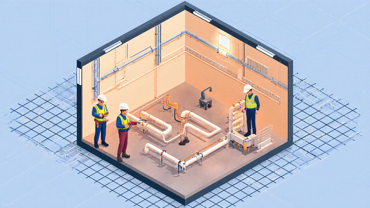 Isometrische Darstellung von Elektro-, Sanitär‑ und Heizungsinstallationen mit Arbeitern.