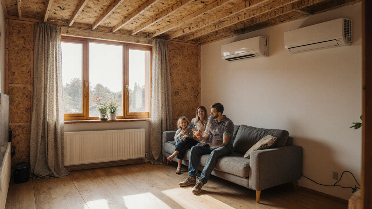 Modernisierte Wohnzimmerlandschaft mit gedämmten Wänden, Dreifachverglasung und Lüftungsanlage.
