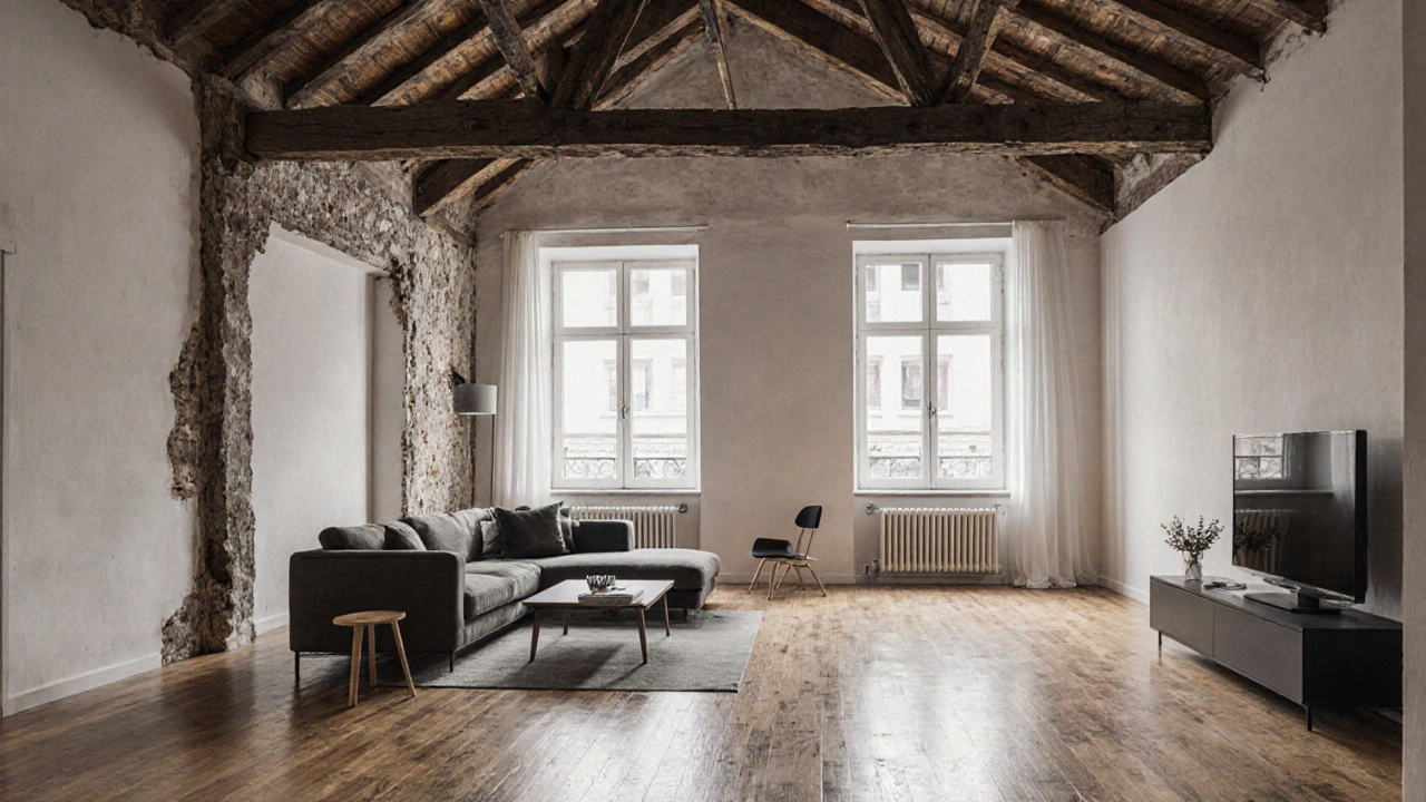 Modernisiertes Altbaugarzimmer mit offenen Holzbalken, Tageslicht und Holzparkett.