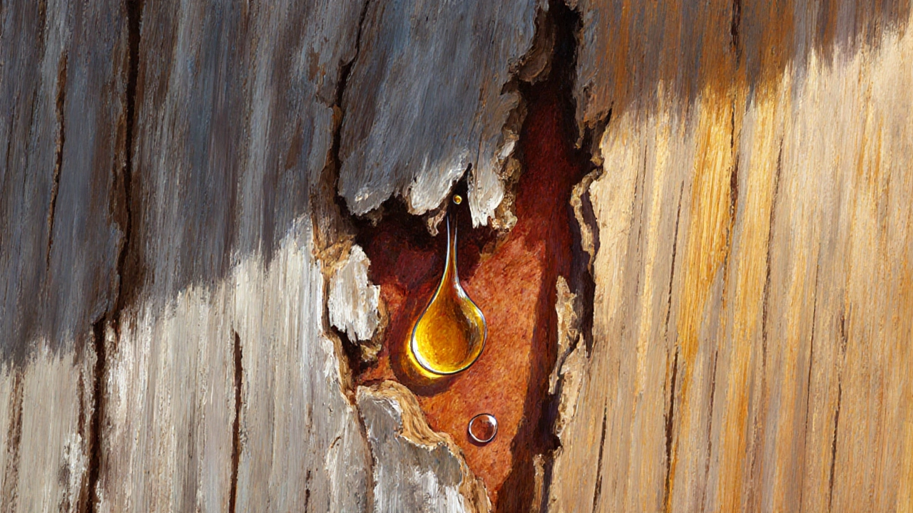 Nahaufnahme von Douglasie-Holz mit grauer Oberfläche und warmem Inneren, das Öl aufnimmt.