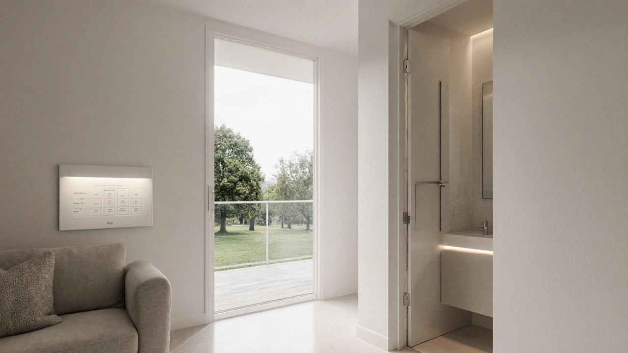 Neutral eingerichtetes, helles Wohnzimmer mit Aussicht auf einen Park, modernes Bad und smartes Steuersystem, ohne persönliche Gegenstände.