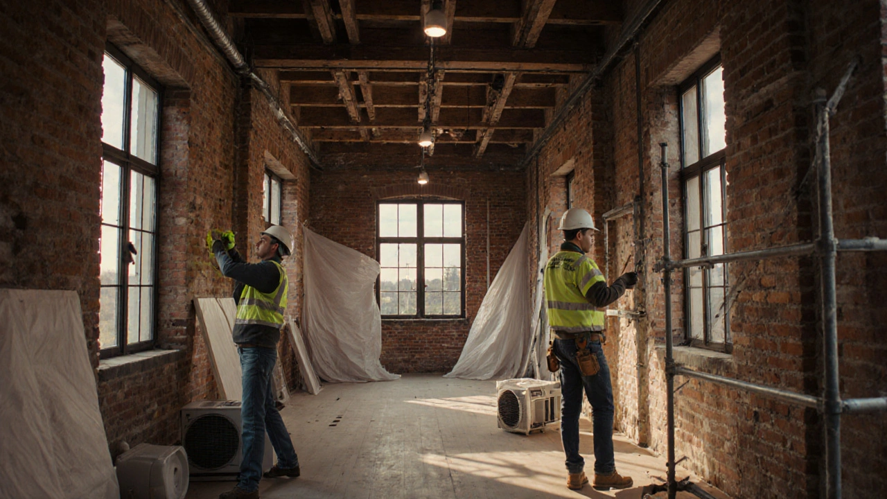 Renovierungsarbeiten im Altbau: Bauarbeiter, Isolierung, neue Fenster und Technik.