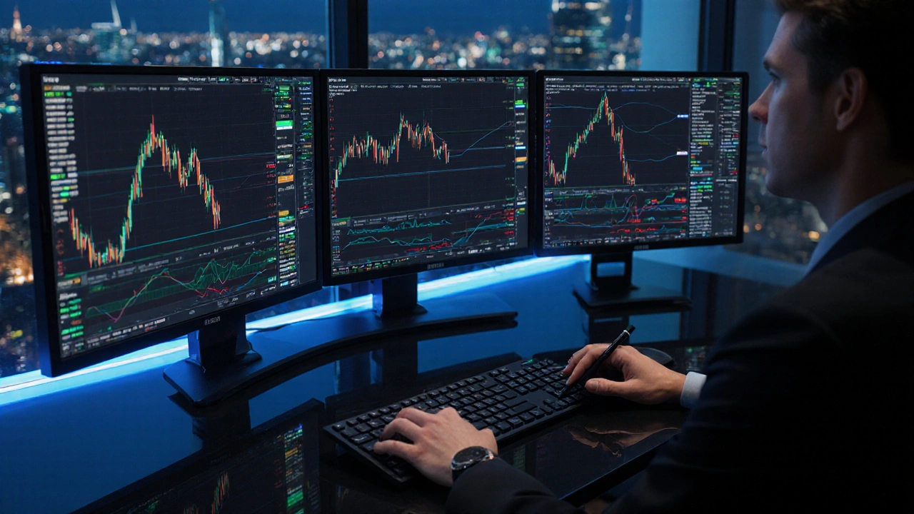 Trader an modernem Schreibtisch prüft Krypto‑Optionen‑Grafiken auf mehreren Bildschirmen, nachts hinter transparentem Fenster.