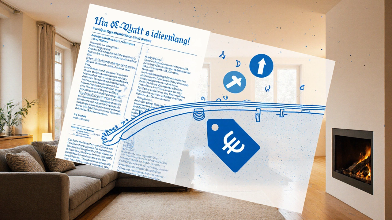 Transparente Grundstücksbelastungen über einem Wohnzimmer, versteckte Rechte und Geldbetrag sichtbar.