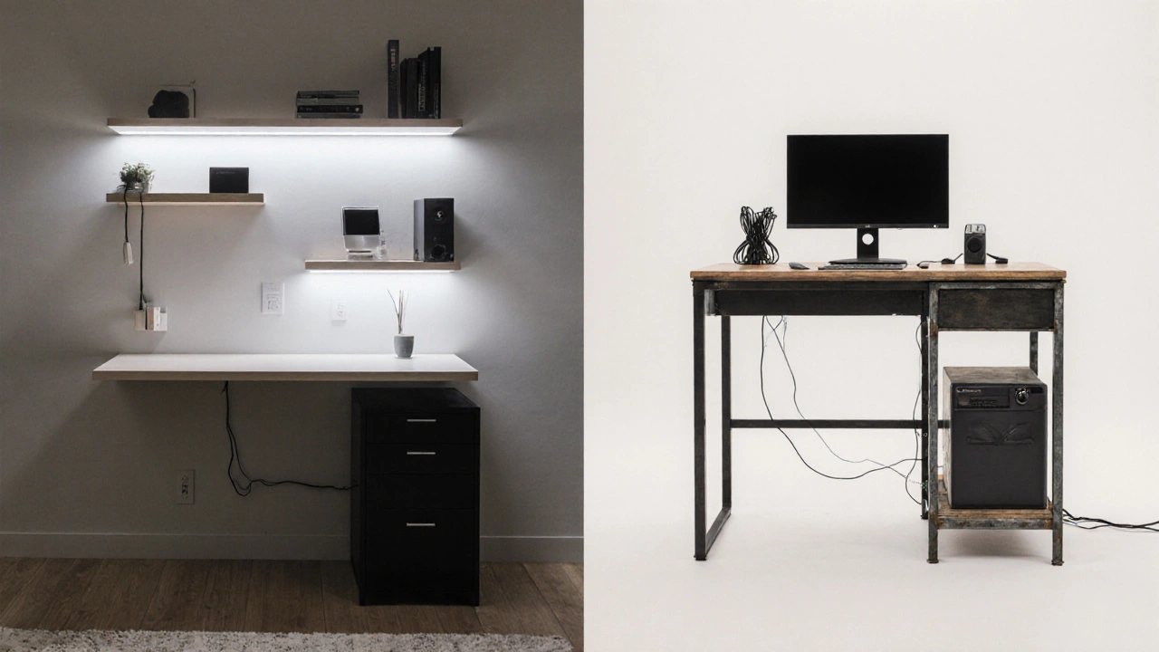 Vergleich: Wand‑Schreibtisch neben freistehendem Schreibtisch, beide im Home‑Office