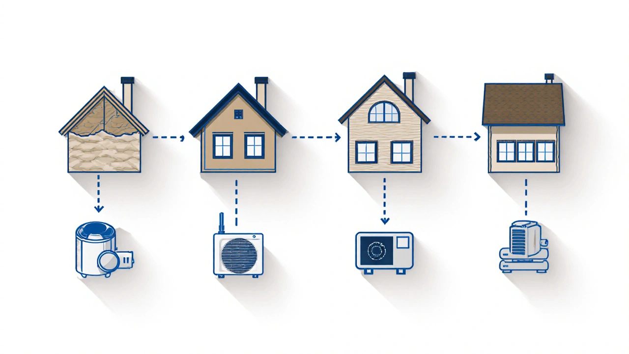 Visuelle Reihenfolge der energetischen Sanierung: Dach, Fassade, Fenster, Heizung, Lüftung.