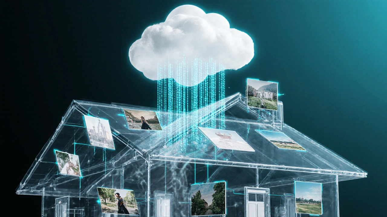 3D-Digitaler Zwilling eines Hauses mit holographischen Fotos von Schäden, die mit Datenströmen zur Cloud verbunden sind, futuristischer Stil.