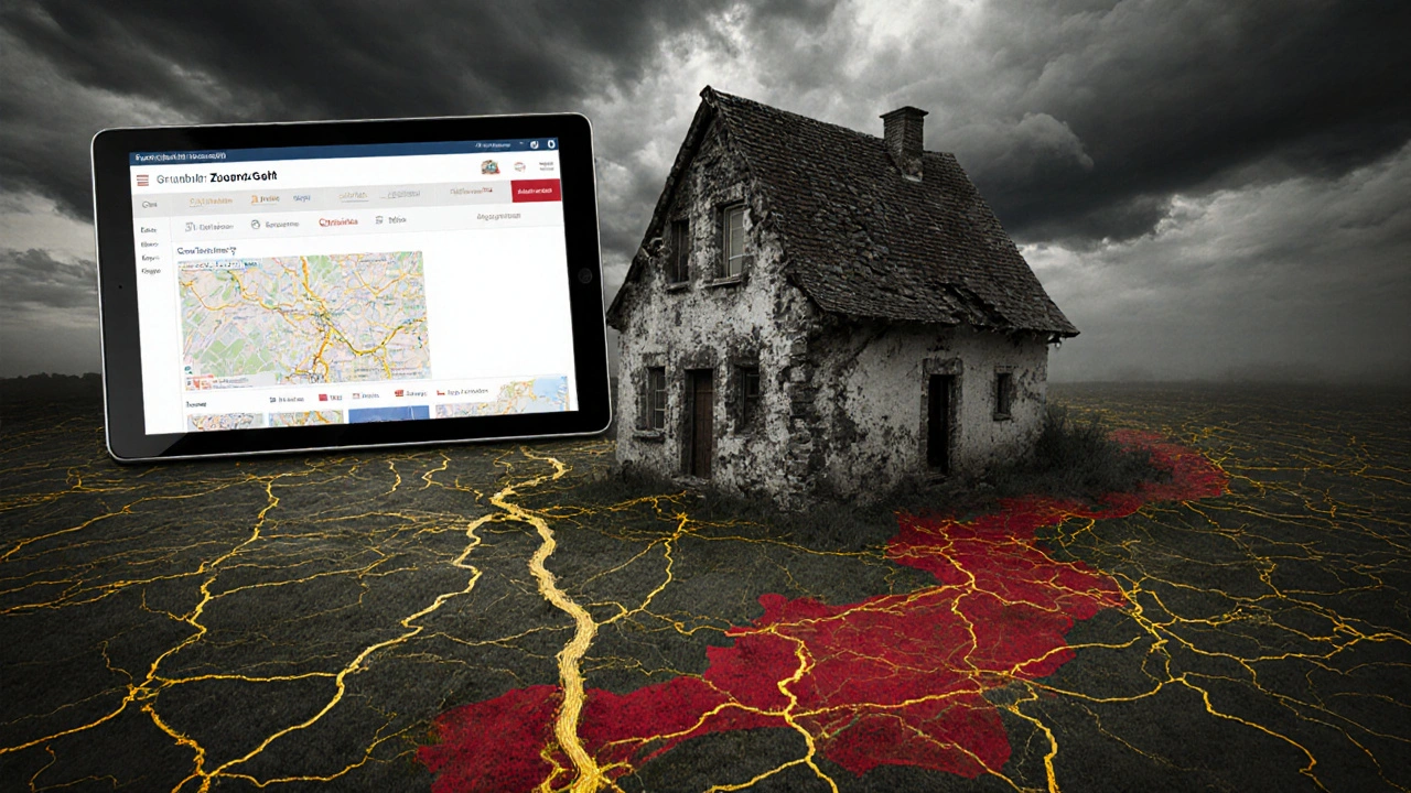 Ancestrales Haus auf einem zersplitterten Grundstücksplan, umgeben von rechtlichen und klimatischen Symbolen.