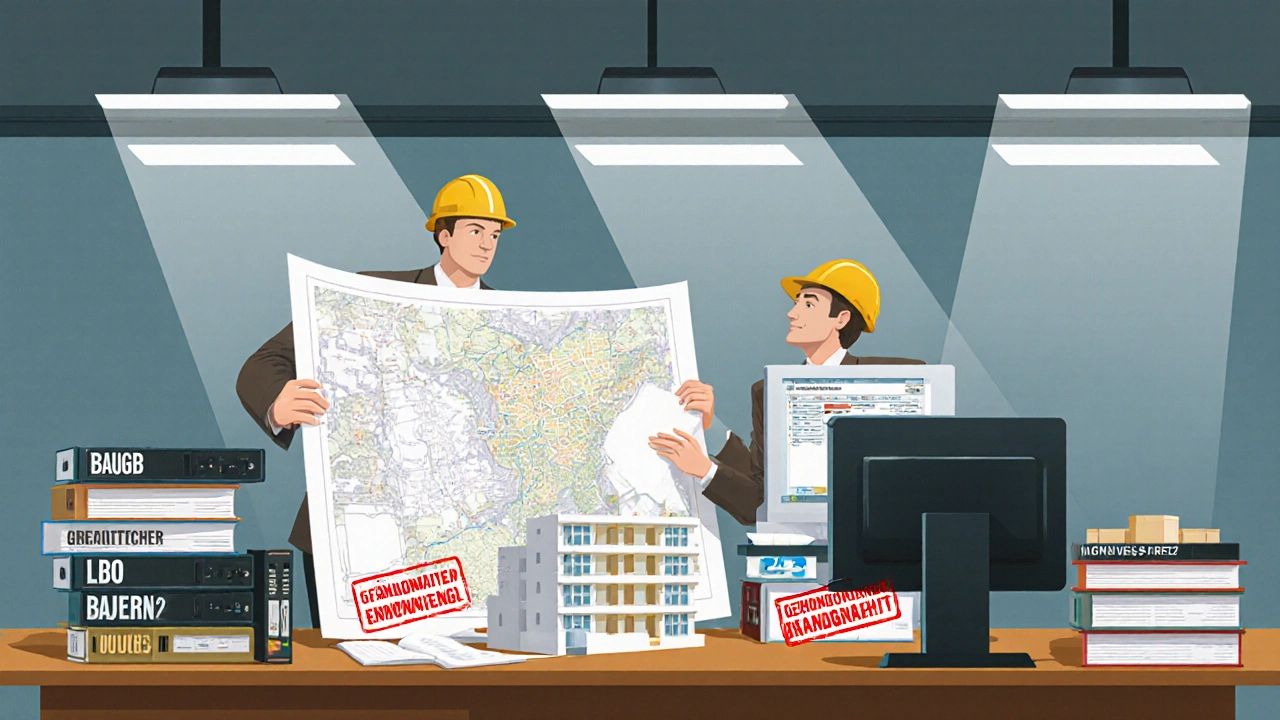 Architekt präsentiert Bauantrag im Rathaus, Behördenmitarbeiter prüfen Unterlagen