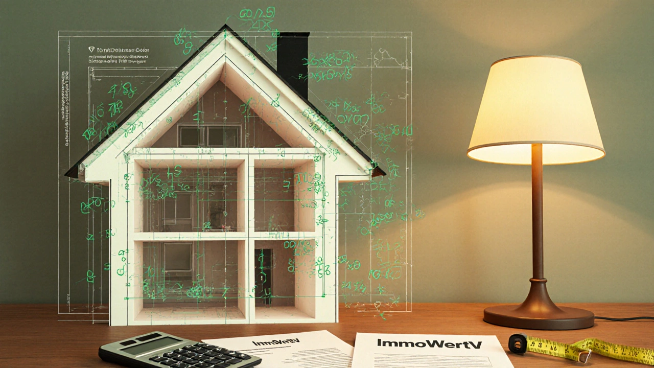 Architekturplan mit Berechnungen für Wiederbeschaffungswert und Grundstückswert.