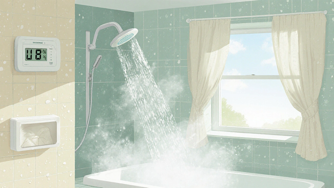 Badezimmer nach dem Duschen mit Dampf und geöffnetem Fenster, Hygrometer zeigt 68 % Luftfeuchtigkeit.