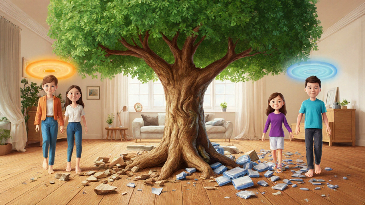 Baum wächst aus Echtholzboden, Zweige verwandeln sich in zerfallendes Laminat