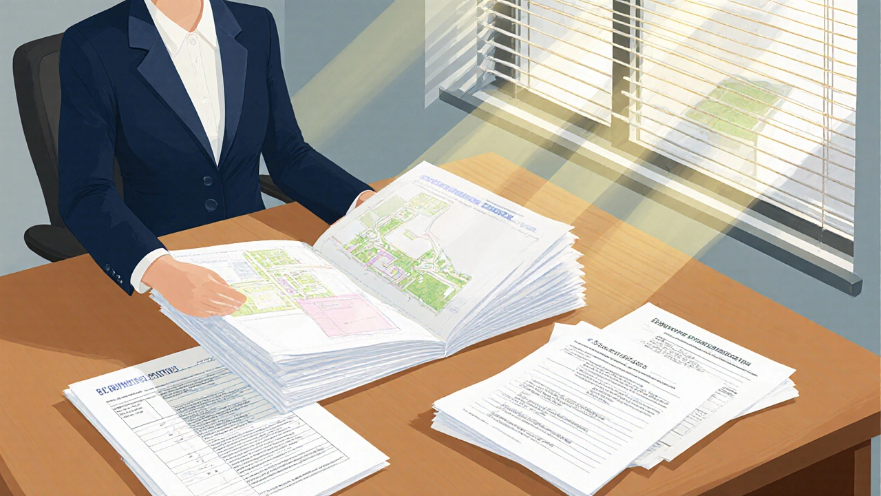 Behördenmitarbeiter prüft Baupläne, Grundbuchauszug und Nachbargenehmigungen im Amt.
