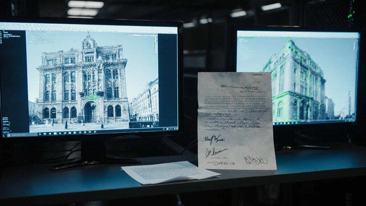 Digitales Archiv mit 3D-Scans eines Gebäudes und unterschriebenen Dokumenten in einem sicheren Serverraum.