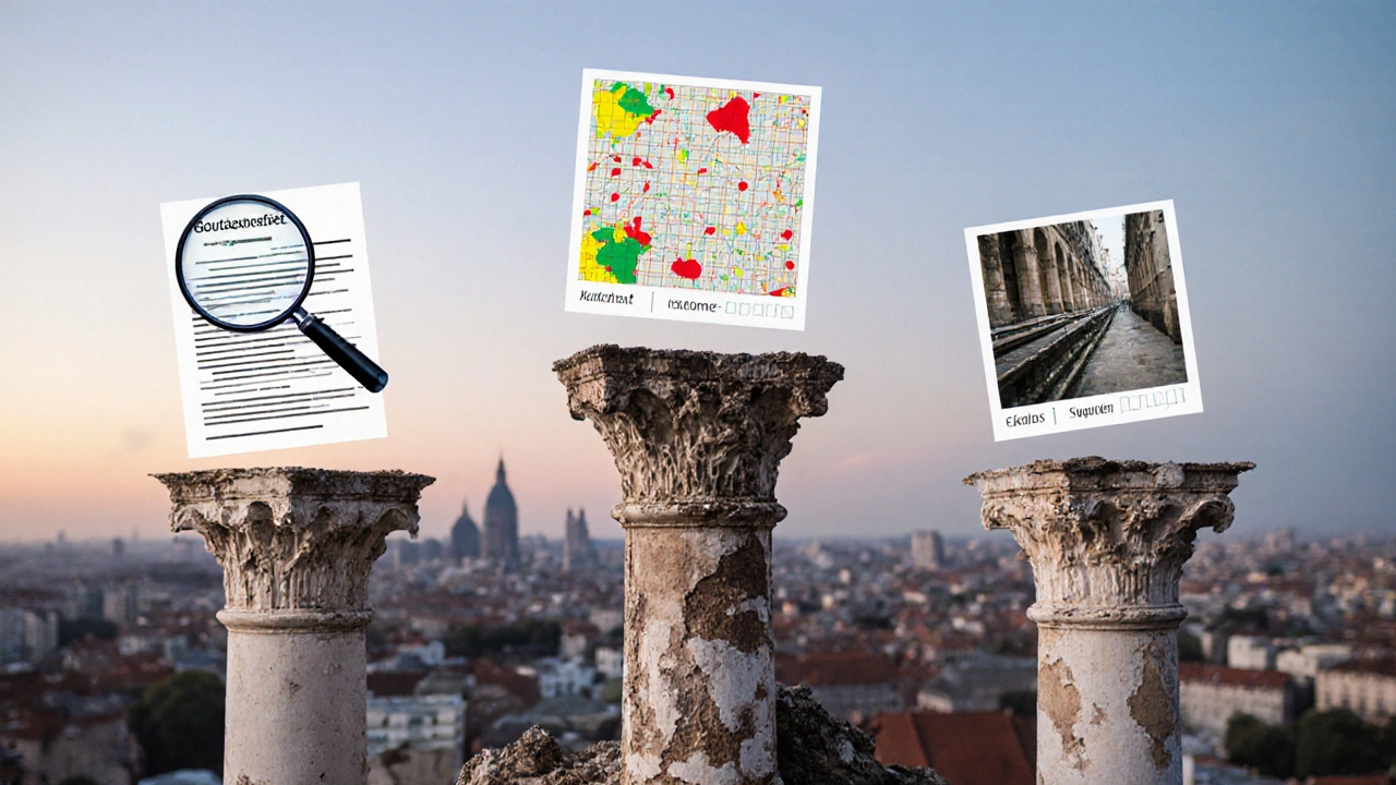 Drei Säulen mit Gutachten, Kartierung und Fotos stützen ein historisches Gebäude.