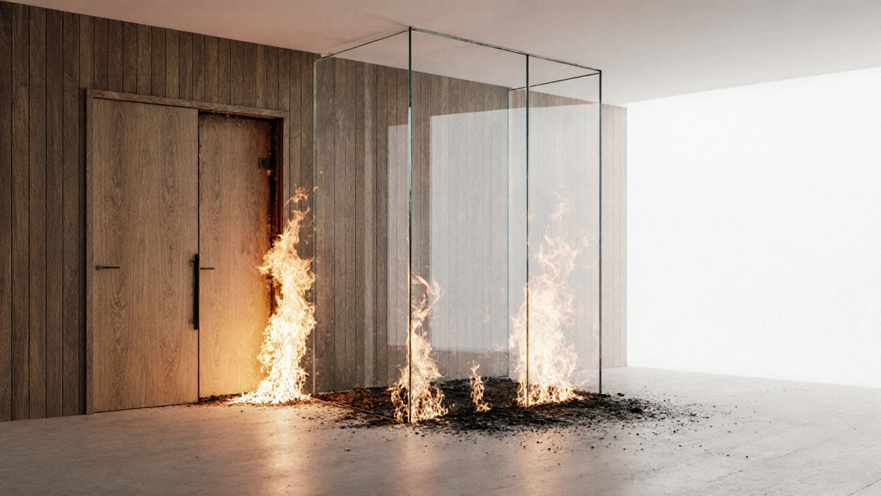 Eine EI90-Feuerschutzglasscheibe leuchtet im Brandfall, neben ihr verbrennt eine normale Holztür, umgeben von umweltfreundlichen Brandschutzbeschichtungen.