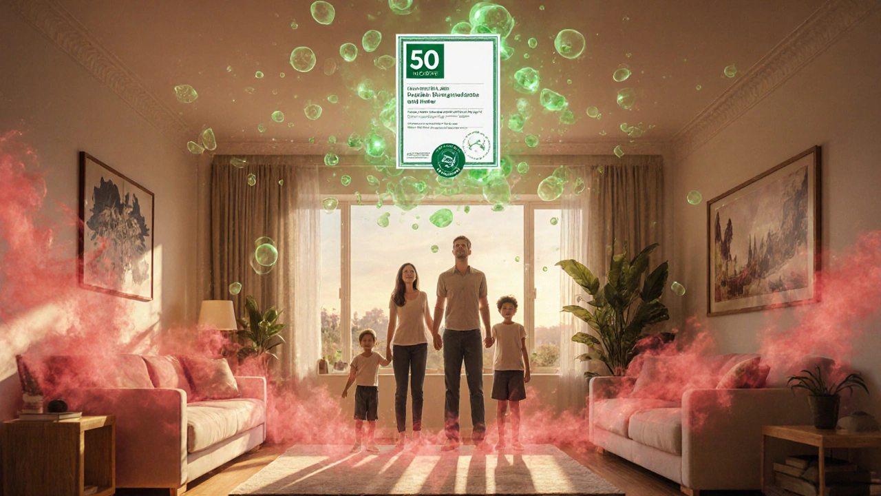 Familie in einem gesunden Raum, während schädliche Dämpfe verschwinden, ein DGNB-Zertifikat mit 50 Punkten schwebt über dem Fenster.
