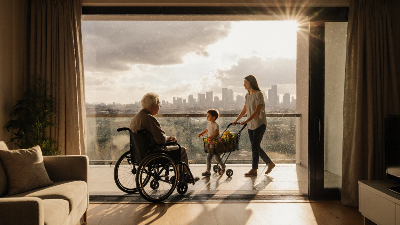 Familie mit Rollstuhl und Kinderwagen nutzt einen schwellenlosen Übergang von Innen nach Außen bei sonnigem Wetter.