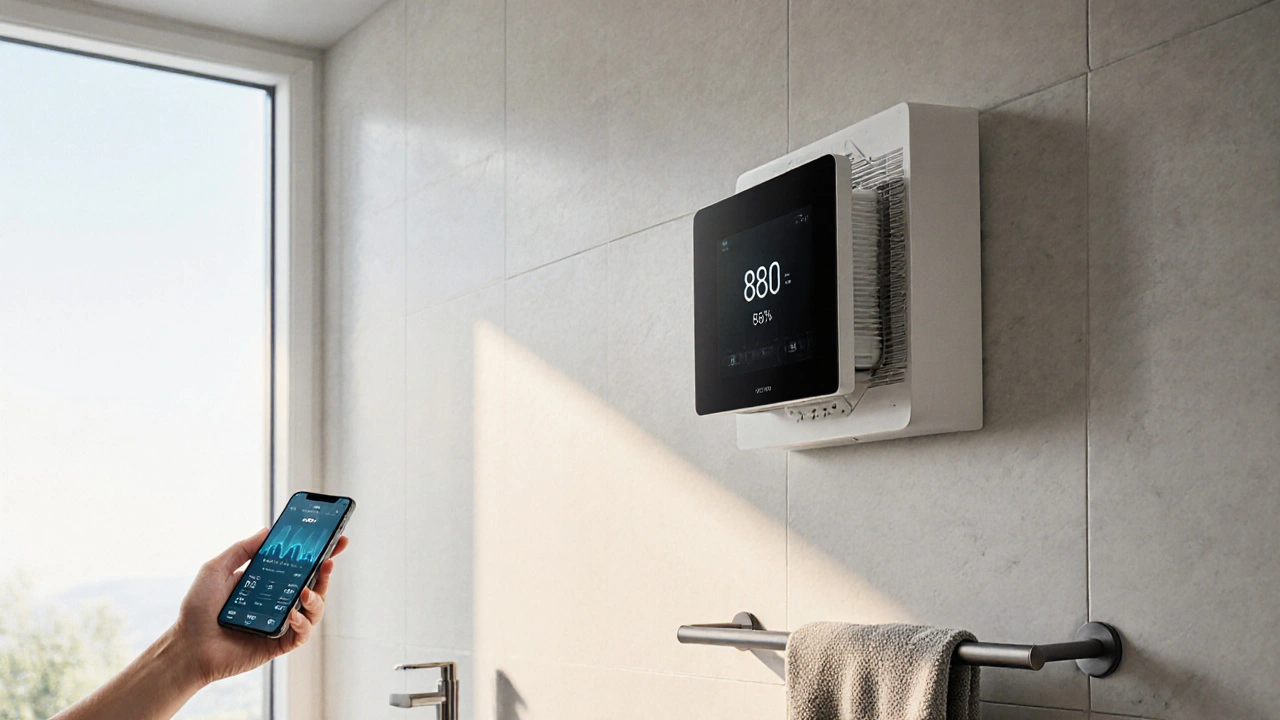 Fensterloses Badezimmer mit smartem Lüfter, der Luftfeuchtigkeit senkt und Filter gewechselt wird.