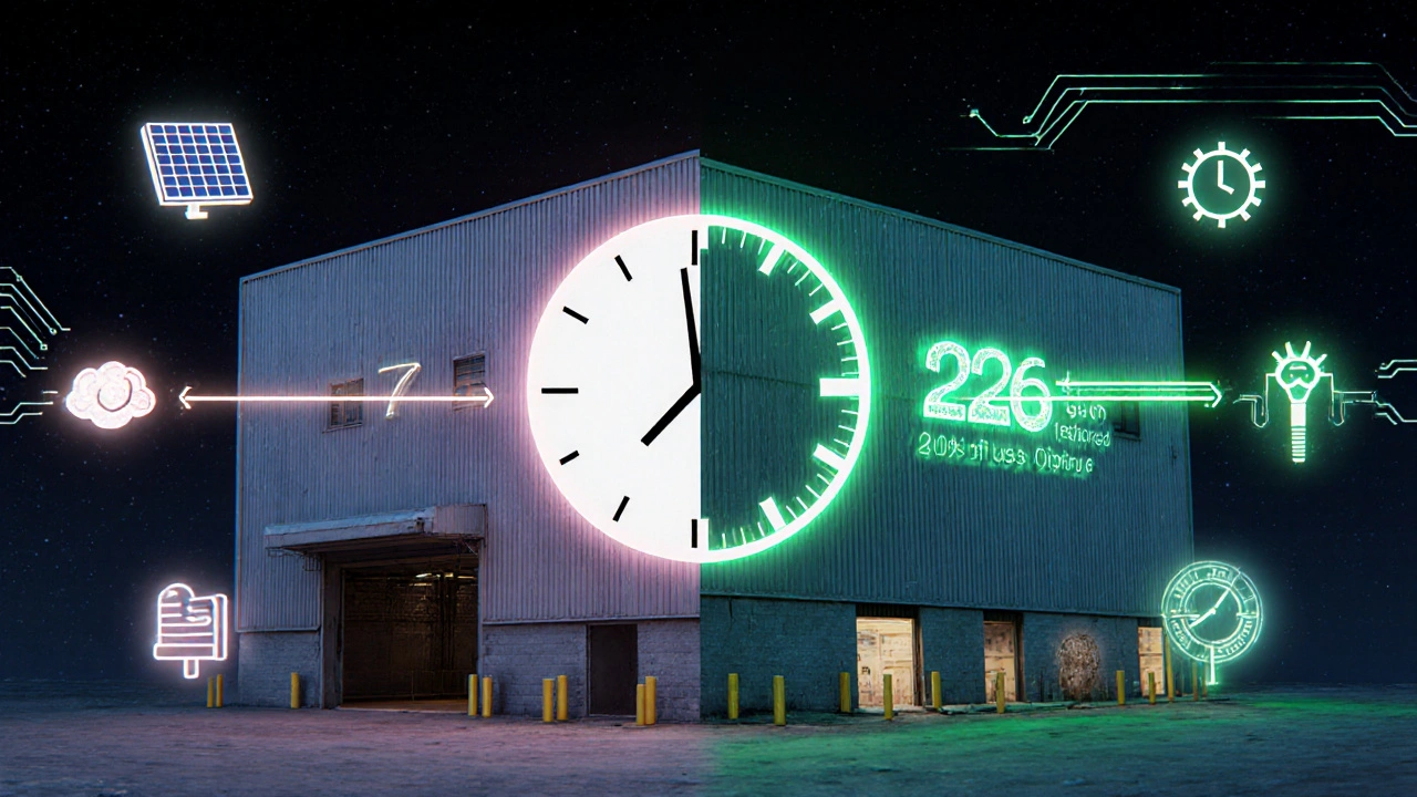 Gespaltenes Gebäude: alte Lagerhalle mit 33-Jahres-Zeitgeber, neues Logistikzentrum mit 25-Jahres-Zeitgeber.