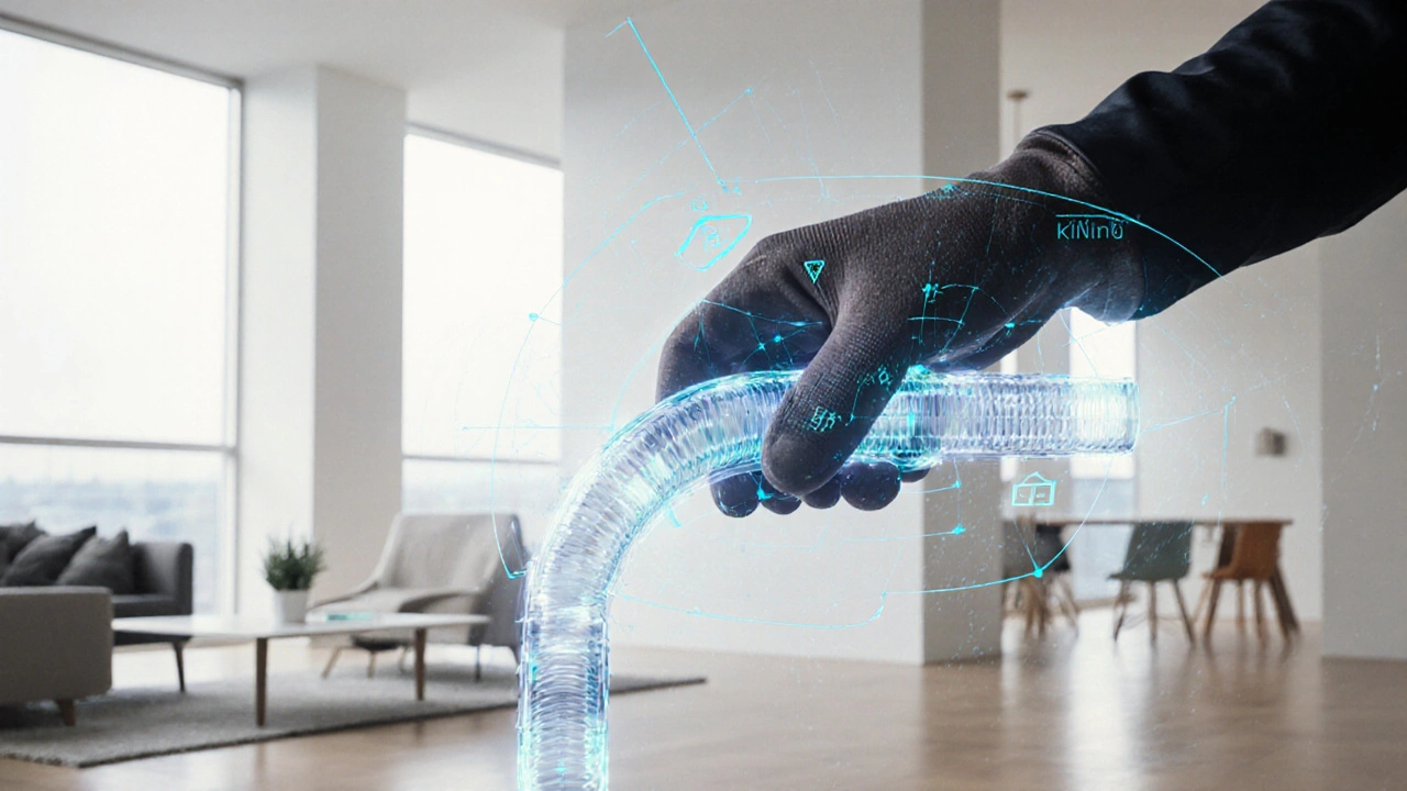 Hand biegt ein Rohr ohne Werkzeug, holografische Biegeradien-Anzeige erscheint darüber.