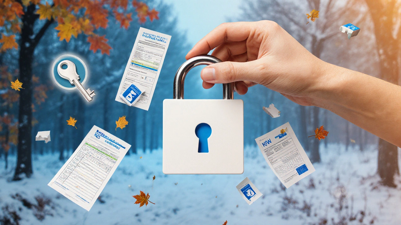 Hand legt Schlüssel in ein Kalender-Schloss, umgeben von Förderunterlagen und Bauteilen.