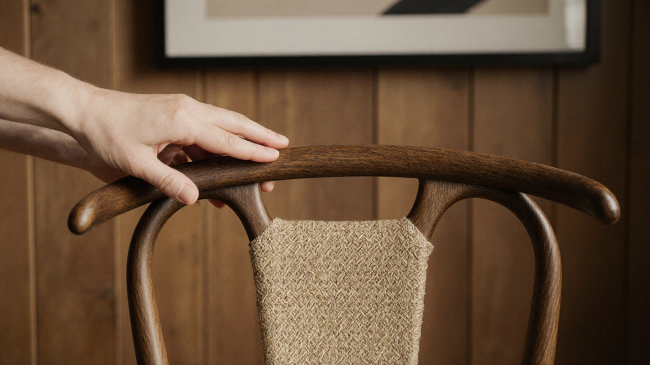 Hände berühren den Holzrücken eines Wishbone Chairs mit sichtbarer Maserung und öliger Oberfläche.