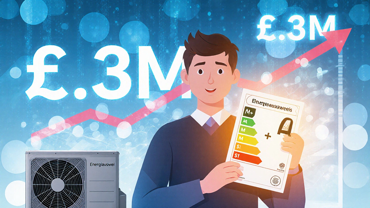 Hausbesitzer hält Energieausweis mit A+-Label, hinter ihm steigt der Immobilienwert digital an, moderne Fenster und Wärmepumpe im Vordergrund.