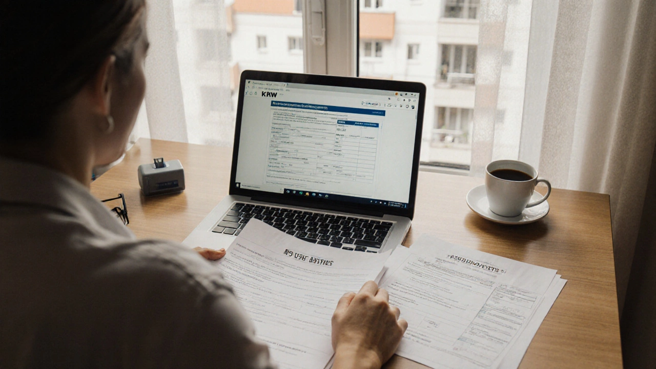 Hauseigentümer prüft KfW-Antragsunterlagen für eine Wallbox auf einem Schreibtisch.