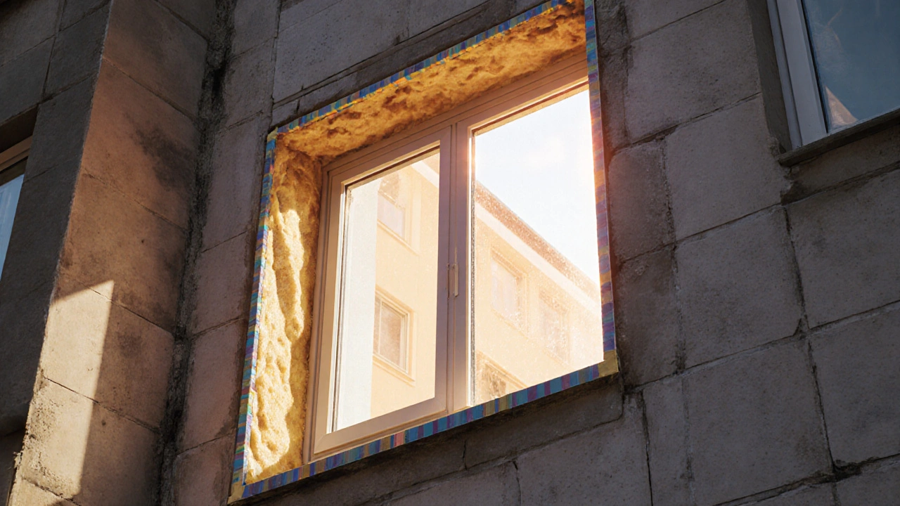 Innenmontage eines Fensters in einem Altbau mit Dämmung und dichter Abdichtung zwischen Rahmen und Mauer.