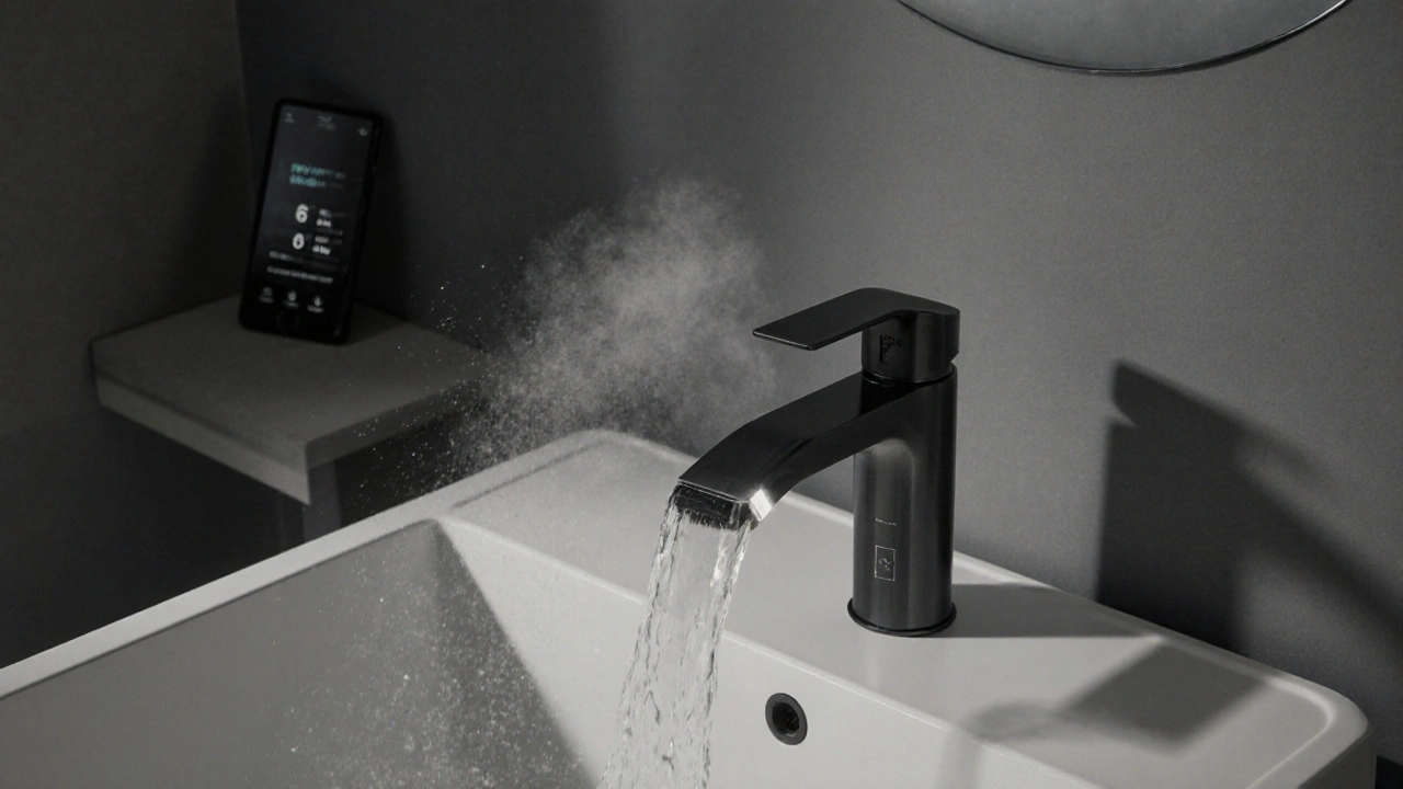 Intelligente Armatur mit digitaler Anzeige in einem minimalistischen Badezimmer, verbunden mit einem Smartphone.