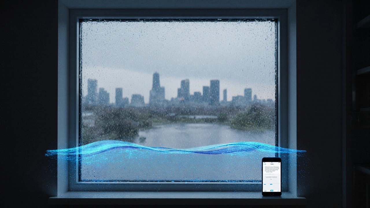Intelligente Kellerfenster-Sensoren senden eine Hochwasser-Warnung an ein Smartphone.