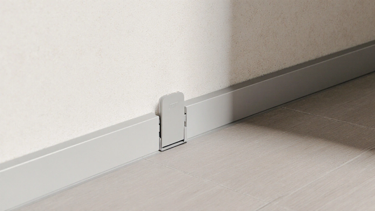 Klemmsystem-Sockelleiste klickt auf eine unsichtbare Metallleiste, mit 3mm Abstand zum Boden für Heizung.