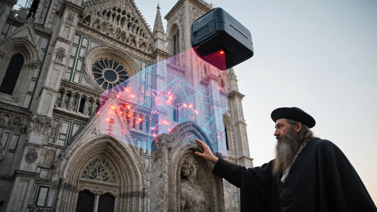 Laser-Scanner projiziert ein 3D-Modell eines Denkmals, während ein Restaurator es berührt.